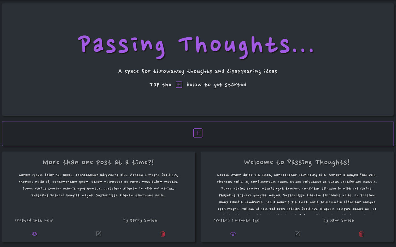 Screenshot of demo website called Passing Thoughts