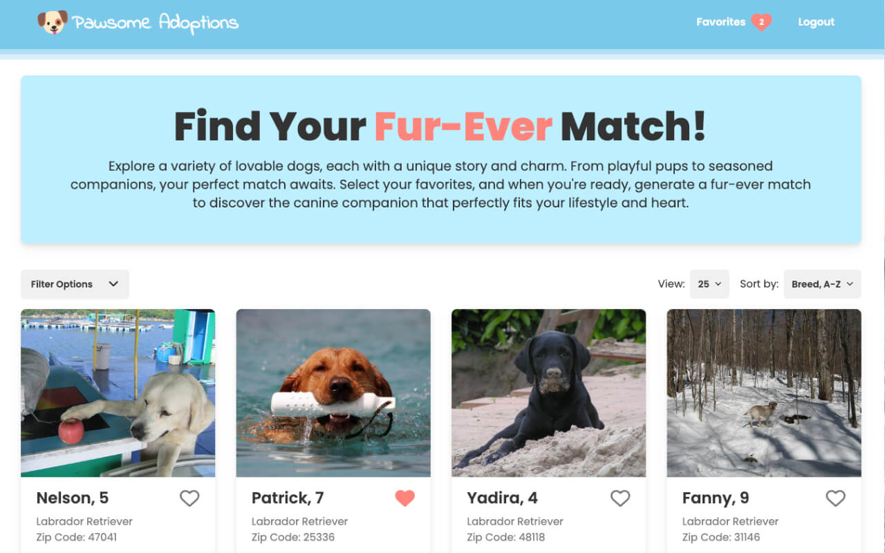 Screenshot of demo website called Pawsome Adoptions