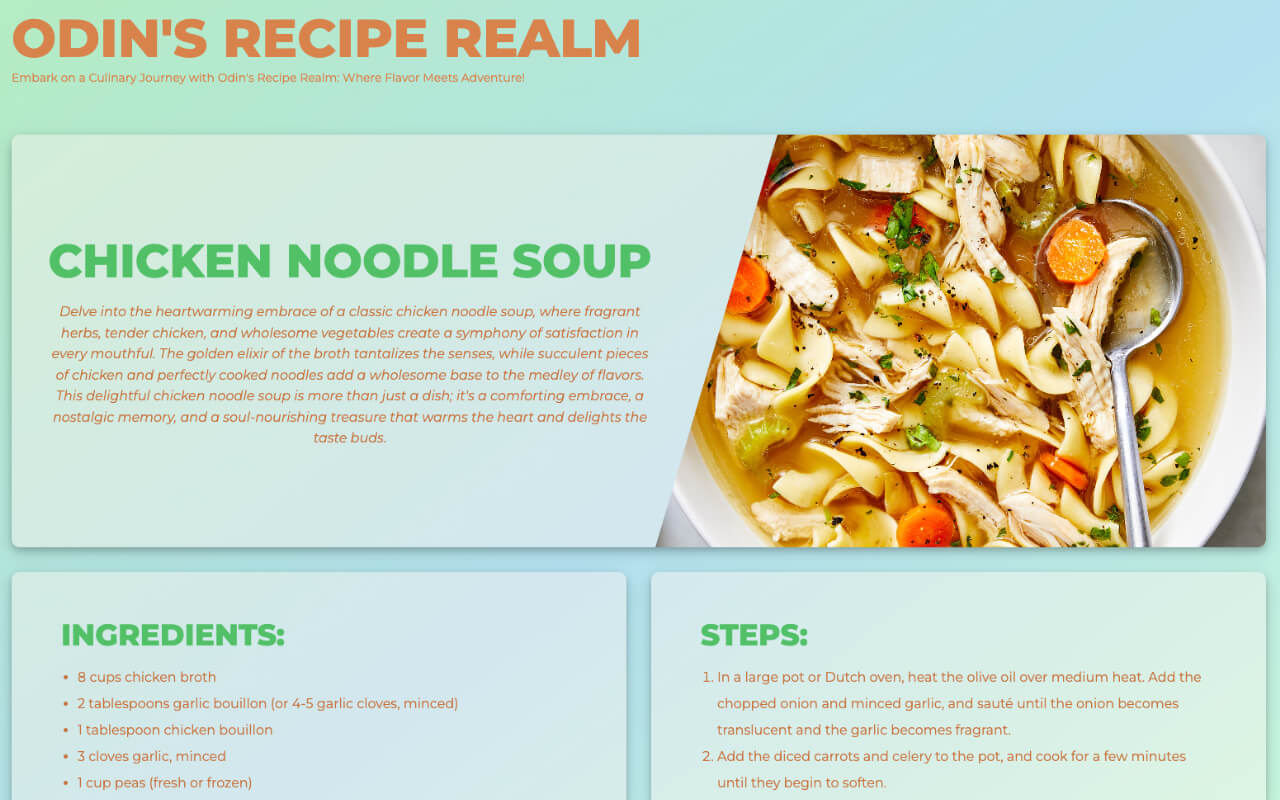 Screenshot of demo website called Odin's Recipe Realm